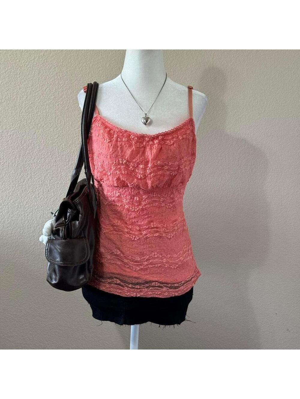 ੈ✩‧₊˚y2k coral pink lace floral tank with sheer back